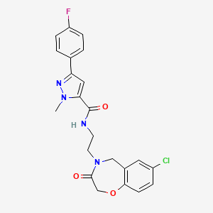 molecular formula C22H20ClFN4O3 B2554712 N-(2-(7-chloro-3-oxo-2,3-dihydrobenzo[f][1,4]oxazepin-4(5H)-yl)ethyl)-3-(4-fluorophenyl)-1-methyl-1H-pyrazole-5-carboxamide CAS No. 2034457-24-2