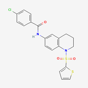 molecular formula C20H17ClN2O3S2 B2554719 4-chloro-N-(1-(thiophen-2-ylsulfonyl)-1,2,3,4-tetrahydroquinolin-6-yl)benzamide CAS No. 942006-90-8