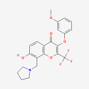 molecular formula C22H20F3NO5 B2554745 7-羟基-3-(3-甲氧苯氧基)-8-(吡咯烷-1-基甲基)-2-(三氟甲基)-4H-色满-4-酮 CAS No. 848727-84-4