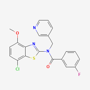 molecular formula C21H15ClFN3O2S B2554833 N-(7-chloro-4-methoxybenzo[d]thiazol-2-yl)-3-fluoro-N-(pyridin-3-ylmethyl)benzamide CAS No. 886964-98-3
