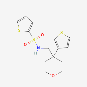 molecular formula C14H17NO3S3 B2554835 N-((4-(thiophen-3-yl)tetrahydro-2H-pyran-4-yl)methyl)thiophene-2-sulfonamide CAS No. 2309776-14-3