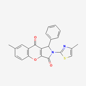 molecular formula C22H16N2O3S B2554910 7-Methyl-2-(4-methylthiazol-2-yl)-1-phenyl-1,2-dihydrochromeno[2,3-c]pyrrole-3,9-dione CAS No. 845669-35-4