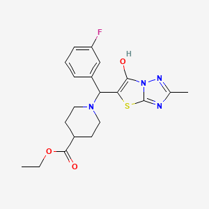 molecular formula C20H23FN4O3S B2554975 1-((3-氟苯基)(6-羟基-2-甲基噻唑并[3,2-b][1,2,4]三唑-5-基)甲基)哌啶-4-羧酸乙酯 CAS No. 851810-41-8
