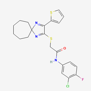 molecular formula C21H21ClFN3OS2 B2555002 N-(3-氯-4-氟苯基)-2-((3-(噻吩-2-基)-1,4-二氮杂螺[4.6]十一-1,3-二烯-2-基)硫代)乙酰胺 CAS No. 1223785-90-7