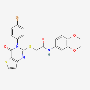 molecular formula C22H16BrN3O4S2 B2555076 2-((3-(4-Bromphenyl)-4-oxo-3,4-dihydrothieno[3,2-d]pyrimidin-2-yl)thio)-N-(2,3-dihydrobenzo[b][1,4]dioxin-6-yl)acetamid CAS No. 931951-57-4