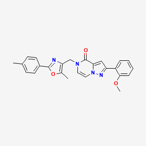 molecular formula C25H22N4O3 B2555103 2-(2-methoxyphenyl)-5-((5-methyl-2-(p-tolyl)oxazol-4-yl)methyl)pyrazolo[1,5-a]pyrazin-4(5H)-one CAS No. 1359017-09-6