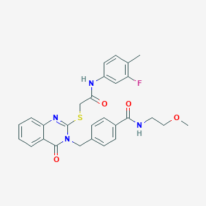 molecular formula C28H27FN4O4S B2555118 4-((2-((2-((3-fluoro-4-methylphenyl)amino)-2-oxoethyl)thio)-4-oxoquinazolin-3(4H)-yl)methyl)-N-(2-methoxyethyl)benzamide CAS No. 1115360-64-9