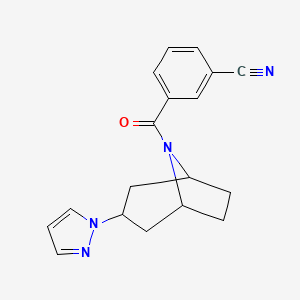 molecular formula C18H18N4O B2555126 3-[3-(1H-pyrazol-1-yl)-8-azabicyclo[3.2.1]octane-8-carbonyl]benzonitrile CAS No. 2319805-61-1