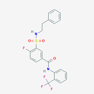 molecular formula C22H18F4N2O3S B2555191 4-fluoro-3-(N-phenethylsulfamoyl)-N-(2-(trifluoromethyl)phenyl)benzamide CAS No. 451498-87-6