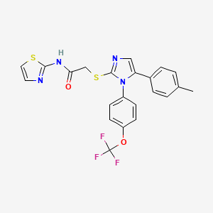 molecular formula C22H17F3N4O2S2 B2555222 N-(thiazol-2-yl)-2-((5-(p-tolyl)-1-(4-(trifluoromethoxy)phenyl)-1H-imidazol-2-yl)thio)acetamide CAS No. 1226432-03-6