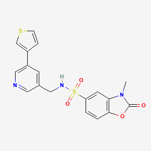 molecular formula C18H15N3O4S2 B2555283 3-甲基-2-氧代-N-((5-(噻吩-3-基)吡啶-3-基)甲基)-2,3-二氢苯并[d]恶唑-5-磺酰胺 CAS No. 1798674-89-1