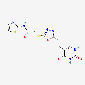 molecular formula C14H14N6O4S2 B2555501 2-((5-(2-(6-甲基-2,4-二氧代-1,2,3,4-四氢嘧啶-5-基)乙基)-1,3,4-恶二唑-2-基)硫代)-N-(噻唑-2-基)乙酰胺 CAS No. 1171580-84-9