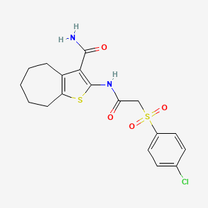 molecular formula C18H19ClN2O4S2 B2555561 2-(2-((4-chlorophenyl)sulfonyl)acetamido)-5,6,7,8-tetrahydro-4H-cyclohepta[b]thiophene-3-carboxamide CAS No. 895464-21-8