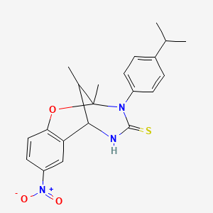 molecular formula C21H23N3O3S B2555615 3-(4-isopropylphenyl)-2,11-dimethyl-8-nitro-5,6-dihydro-2H-2,6-methanobenzo[g][1,3,5]oxadiazocine-4(3H)-thione CAS No. 1008018-91-4