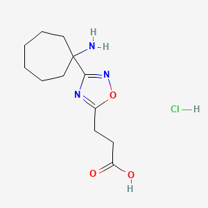 molecular formula C12H20ClN3O3 B2555628 3-[3-(1-Aminocycloheptyl)-1,2,4-oxadiazol-5-yl]propanoic acid;hydrochloride CAS No. 2138535-38-1