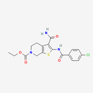 molecular formula C18H18ClN3O4S B2555687 ethyl 3-carbamoyl-2-(4-chlorobenzamido)-4,5-dihydrothieno[2,3-c]pyridine-6(7H)-carboxylate CAS No. 921117-73-9