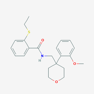 molecular formula C22H27NO3S B2555704 2-(ethylthio)-N-((4-(2-methoxyphenyl)tetrahydro-2H-pyran-4-yl)methyl)benzamide CAS No. 1251561-41-7