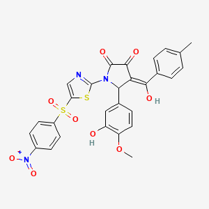molecular formula C28H21N3O9S2 B2555791 3-hydroxy-5-(3-hydroxy-4-methoxyphenyl)-4-(4-methylbenzoyl)-1-(5-((4-nitrophenyl)sulfonyl)thiazol-2-yl)-1H-pyrrol-2(5H)-one CAS No. 292161-70-7