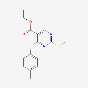 molecular formula C15H16N2O2S2 B2555802 Ethyl 4-[(4-methylphenyl)sulfanyl]-2-(methylsulfanyl)-5-pyrimidinecarboxylate CAS No. 339019-51-1
