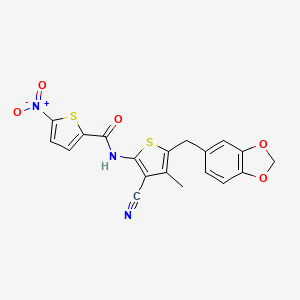 molecular formula C19H13N3O5S2 B2555807 N-(5-(benzo[d][1,3]dioxol-5-ylmethyl)-3-cyano-4-methylthiophen-2-yl)-5-nitrothiophene-2-carboxamide CAS No. 476367-82-5