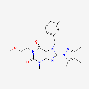 molecular formula C23H28N6O3 B2555819 1-(2-methoxyethyl)-3-methyl-7-(3-methylbenzyl)-8-(3,4,5-trimethyl-1H-pyrazol-1-yl)-1H-purine-2,6(3H,7H)-dione CAS No. 1014008-23-1