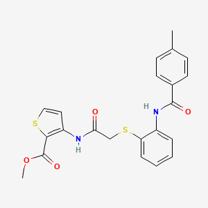 molecular formula C22H20N2O4S2 B2555824 Methyl 3-[[2-[2-[(4-methylbenzoyl)amino]phenyl]sulfanylacetyl]amino]thiophene-2-carboxylate CAS No. 477887-60-8