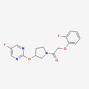 molecular formula C16H15F2N3O3 B2555876 2-(2-Fluorophenoxy)-1-(3-((5-fluoropyrimidin-2-yl)oxy)pyrrolidin-1-yl)ethanone CAS No. 2034389-00-7