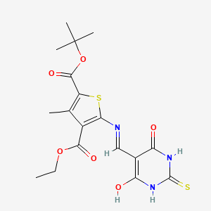 molecular formula C18H21N3O6S2 B2555889 2-tert-butyl 4-ethyl 5-(((4,6-dioxo-2-thioxotetrahydropyrimidin-5(2H)-ylidene)methyl)amino)-3-methylthiophene-2,4-dicarboxylate CAS No. 1021230-07-8