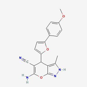 molecular formula C19H16N4O3 B2555948 6-Amino-4-(5-(4-methoxyphenyl)furan-2-yl)-3-methyl-1,4-dihydropyrano[2,3-c]pyrazole-5-carbonitrile CAS No. 609335-63-9