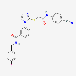 molecular formula C26H20FN5O2S B2555952 3-(2-((2-((4-cyanophenyl)amino)-2-oxoethyl)thio)-1H-imidazol-1-yl)-N-(4-fluorobenzyl)benzamide CAS No. 1115440-18-0