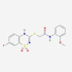 molecular formula C16H14FN3O4S2 B2555975 2-((7-fluoro-1,1-dioxido-4H-benzo[e][1,2,4]thiadiazin-3-yl)thio)-N-(2-methoxyphenyl)acetamide CAS No. 899734-25-9