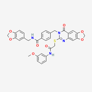 molecular formula C34H28N4O8S B2556056 N-(1,3-苯并二氧杂环-5-基甲基)-4-{[6-({2-[(3-甲氧基苯基)氨基]-2-氧代乙基}硫)-8-氧代[1,3]二氧杂环[4,5-g]喹唑啉-7(8H)-基]甲基}苯甲酰胺 CAS No. 688062-06-8