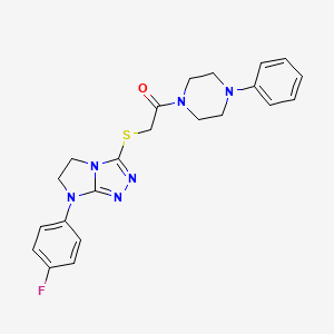 molecular formula C22H23FN6OS B2556112 2-((7-(4-fluorophenyl)-6,7-dihydro-5H-imidazo[2,1-c][1,2,4]triazol-3-yl)thio)-1-(4-phenylpiperazin-1-yl)ethanone CAS No. 921881-72-3