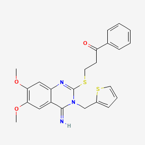 molecular formula C24H23N3O3S2 B2556117 3-{[4-Imino-6,7-dimethoxy-3-(2-thienylmethyl)-3,4-dihydro-2-quinazolinyl]sulfanyl}-1-phenyl-1-propanone CAS No. 691858-09-0