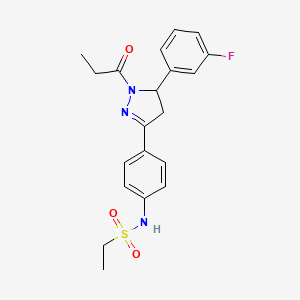 molecular formula C20H22FN3O3S B2556139 N-{4-[5-(3-fluorophenyl)-1-propanoyl-4,5-dihydro-1H-pyrazol-3-yl]phenyl}ethane-1-sulfonamide CAS No. 852141-21-0