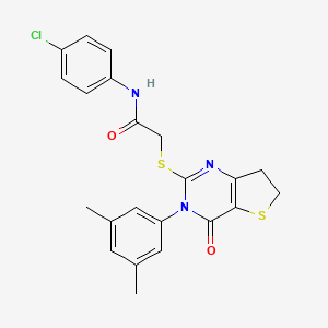 molecular formula C22H20ClN3O2S2 B2556146 N-(4-chlorophenyl)-2-((3-(3,5-dimethylphenyl)-4-oxo-3,4,6,7-tetrahydrothieno[3,2-d]pyrimidin-2-yl)thio)acetamide CAS No. 877653-48-0