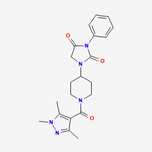 molecular formula C21H25N5O3 B2556153 3-phenyl-1-(1-(1,3,5-trimethyl-1H-pyrazole-4-carbonyl)piperidin-4-yl)imidazolidine-2,4-dione CAS No. 1904412-31-2