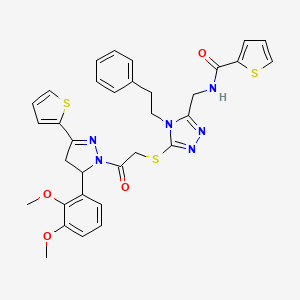 molecular formula C33H32N6O4S3 B2556161 N-((5-((2-(5-(2,3-dimethoxyphenyl)-3-(thiophen-2-yl)-4,5-dihydro-1H-pyrazol-1-yl)-2-oxoethyl)thio)-4-phenethyl-4H-1,2,4-triazol-3-yl)methyl)thiophene-2-carboxamide CAS No. 361149-58-8