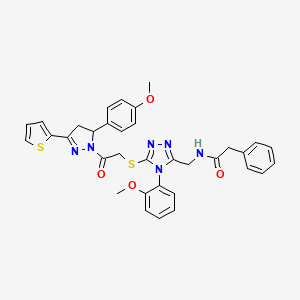 molecular formula C34H32N6O4S2 B2556178 N-((4-(2-methoxyphenyl)-5-((2-(5-(4-methoxyphenyl)-3-(thiophen-2-yl)-4,5-dihydro-1H-pyrazol-1-yl)-2-oxoethyl)thio)-4H-1,2,4-triazol-3-yl)methyl)-2-phenylacetamide CAS No. 362505-69-9