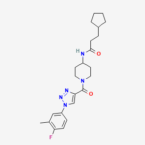 molecular formula C23H30FN5O2 B2556200 3-cyclopentyl-N-(1-(1-(4-fluoro-3-methylphenyl)-1H-1,2,3-triazole-4-carbonyl)piperidin-4-yl)propanamide CAS No. 1251690-65-9