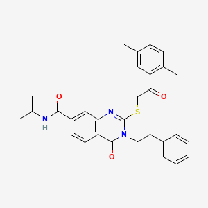 molecular formula C30H31N3O3S B2556213 2-{[2-(2,5-dimethylphenyl)-2-oxoethyl]thio}-N-isopropyl-4-oxo-3-(2-phenylethyl)-3,4-dihydroquinazoline-7-carboxamide CAS No. 1113129-06-8