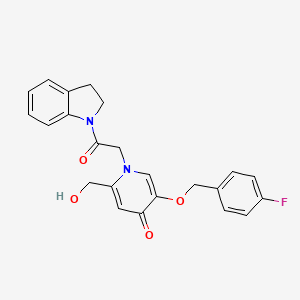 molecular formula C23H21FN2O4 B2556217 5-((4-fluorobenzyl)oxy)-2-(hydroxymethyl)-1-(2-(indolin-1-yl)-2-oxoethyl)pyridin-4(1H)-one CAS No. 946380-48-9