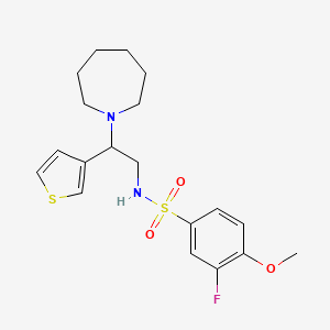 molecular formula C19H25FN2O3S2 B2556309 N-(2-(azepan-1-yl)-2-(thiophen-3-yl)ethyl)-3-fluoro-4-methoxybenzenesulfonamide CAS No. 946305-03-9