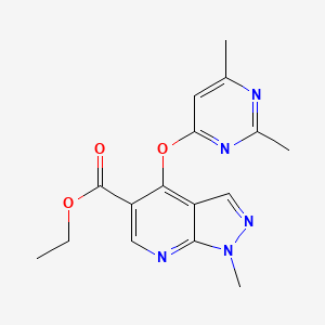 molecular formula C16H17N5O3 B2556335 4-[(2,6-ジメチル-4-ピリミジニル)オキシ]-1-メチル-1H-ピラゾロ[3,4-b]ピリジン-5-カルボン酸エチル CAS No. 866144-38-9