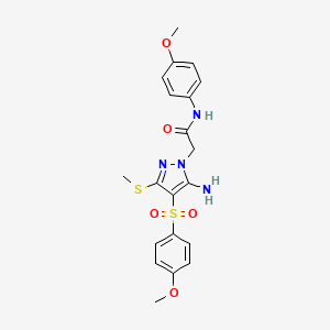 molecular formula C20H22N4O5S2 B2556344 2-[5-アミノ-4-(4-メトキシベンゼンスルホニル)-3-(メチルスルファニル)-1H-ピラゾール-1-イル]-N-(4-メトキシフェニル)アセトアミド CAS No. 895116-49-1