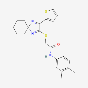 molecular formula C22H25N3OS2 B2556372 N-(3,4-二甲苯基)-2-((3-(噻吩-2-基)-1,4-二氮杂螺[4.5]癸-1,3-二烯-2-基)硫代)乙酰胺 CAS No. 1223915-26-1
