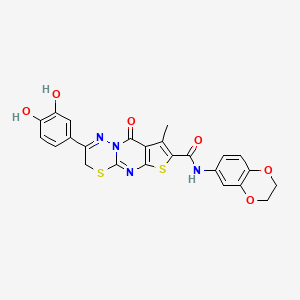 molecular formula C24H18N4O6S2 B2556432 N-(2,3-二氢苯并[b][1,4]二氧杂环-6-基)-2-(3,4-二羟基苯基)-8-甲基-9-氧代-3,9-二氢噻吩并[2',3':4,5]嘧啶并[2,1-b][1,3,4]噻二嗪-7-甲酰胺 CAS No. 872197-89-2