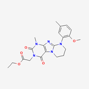 molecular formula C21H25N5O5 B2556444 2-(9-(2-甲氧基-5-甲基苯基)-1-甲基-2,4-二氧代-1,2,6,7,8,9-六氢嘧啶并[2,1-f]嘌呤-3(4H)-基)乙酸乙酯 CAS No. 923408-62-2