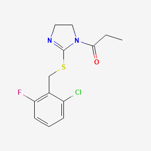 molecular formula C13H14ClFN2OS B2556563 1-[2-[(2-Chloro-6-fluorophenyl)methylsulfanyl]-4,5-dihydroimidazol-1-yl]propan-1-one CAS No. 851802-65-8