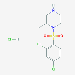molecular formula C11H15Cl3N2O2S B2556619 1-((2,4-Dichlorophenyl)sulfonyl)-2-methylpiperazine hydrochloride CAS No. 1353986-11-4